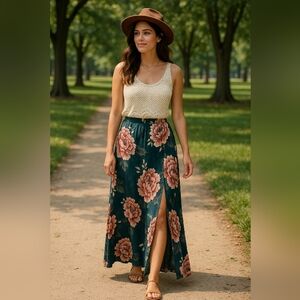 Floral Maxi Skirt in Teal and Pink "M"